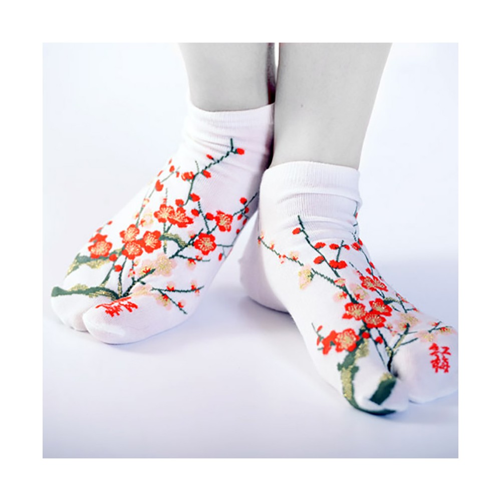 chaussettes courte fleur de prunier a doigt brillant blanc